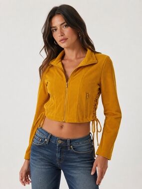 Feathers Women's Cropped Zip-Front Corduroy Jacket In Dark Yellow Size L